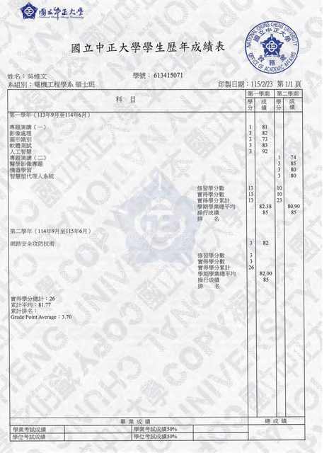 碩士歷年成績單(中英)